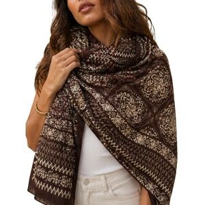 Brown Cream Boho Viscose Pashmina Shawl Wrap Scarf Floral Geometric Print